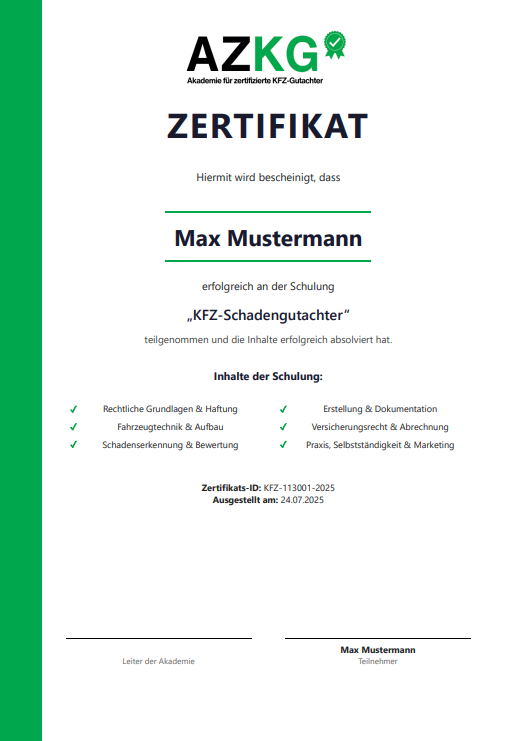 Muster AZKG-Zertifikat als PDF